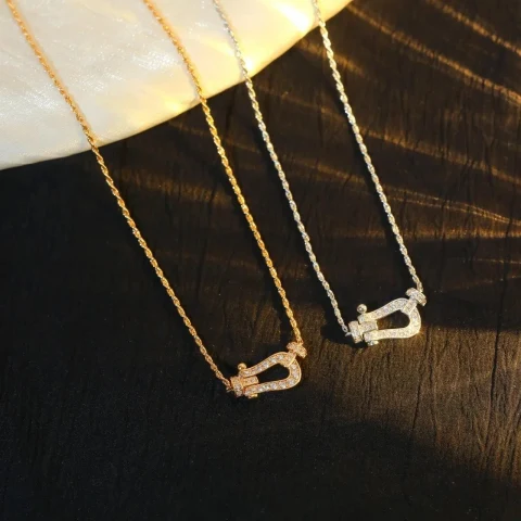 Hermes Ancre Necklace - Horseshoe Pendant with Pave Crystals