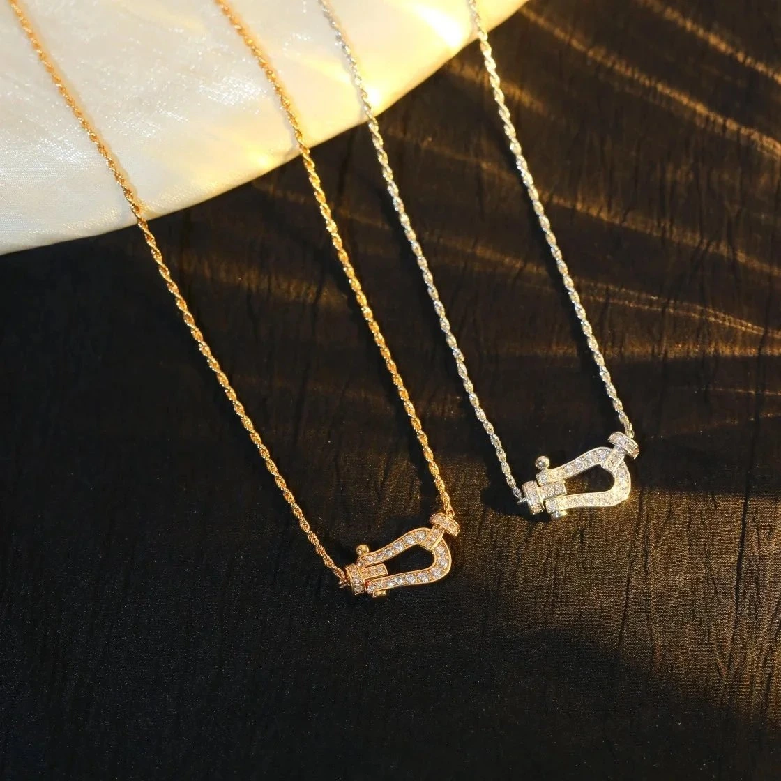 Hermes Ancre Necklace - Horseshoe Pendant with Pave Crystals