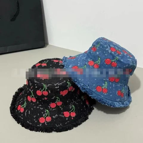 Cherry Print Denim Bucket Hat with Frayed Brim