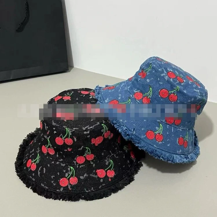 Cherry Print Denim Bucket Hat with Frayed Brim