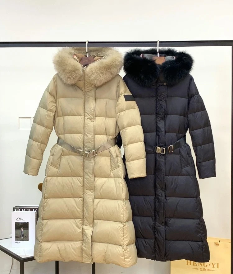 Long Puffer Coat with Fur Trim Hood and Belt