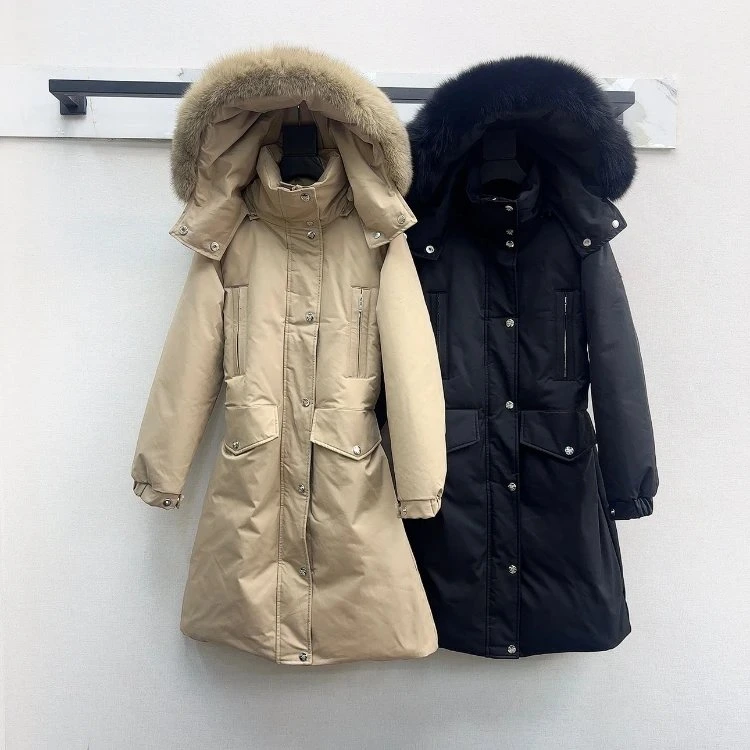 Long Puffer Coat with Fur-Trimmed Hood